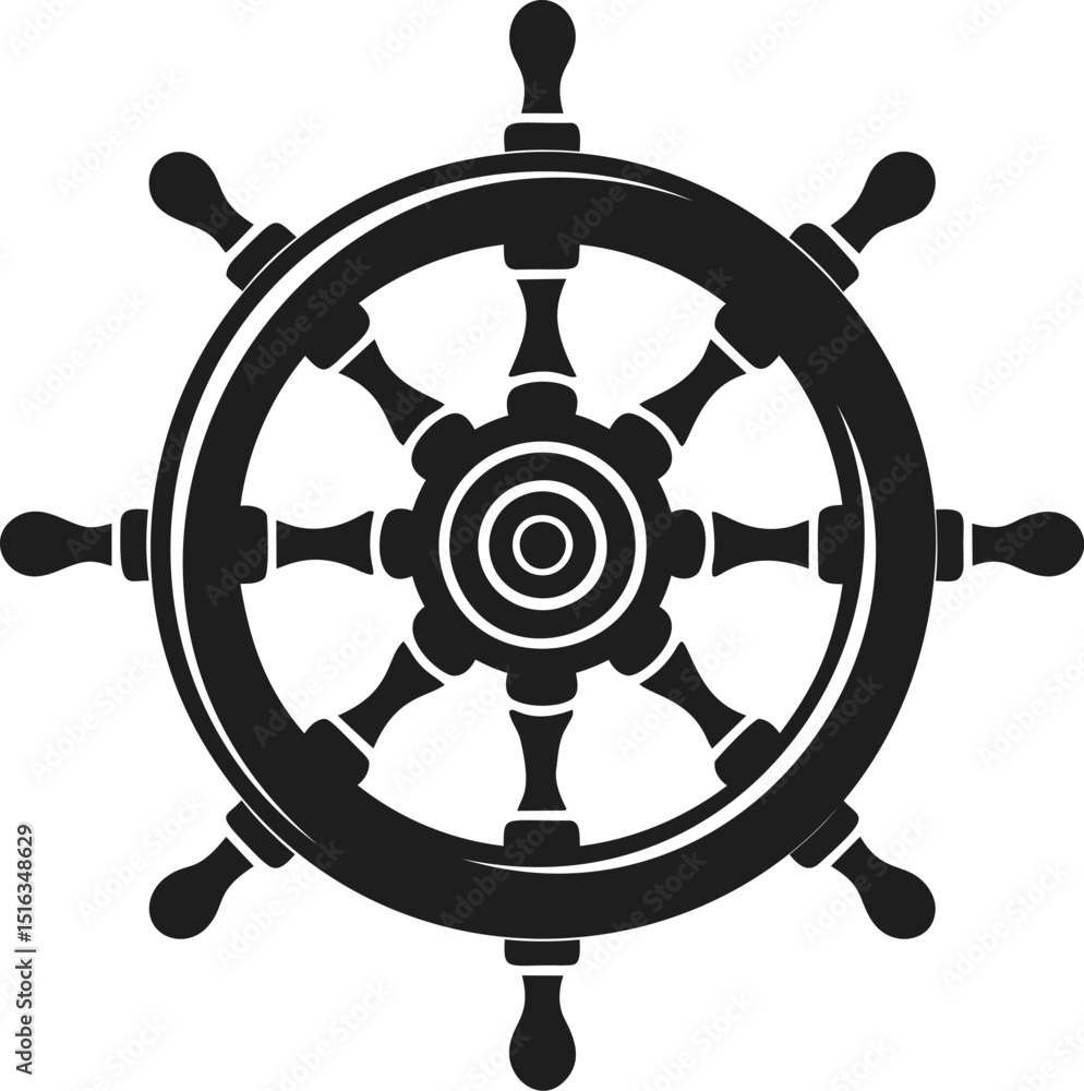 Obraz premium Black and white ship steering wheel illustration with nautical theme. Vector illustration