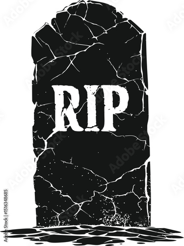 Black cracked tombstone with rip text on grave 2d illustration. Vector illustration