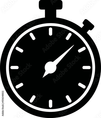 Silhouette of a stopwatch with minute and second hands pointing in black. Vector illustration