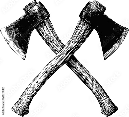 Crossed vintage axes in detailed black and white woodcut illustration. Vector illustration