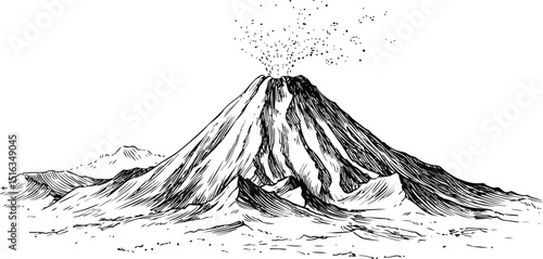 Eruption of a towering volcano with smoke and ash in black and white sketch. Vector illustration