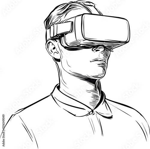 Line drawing of man wearing virtual reality headset with futuristic theme. Vector illustration