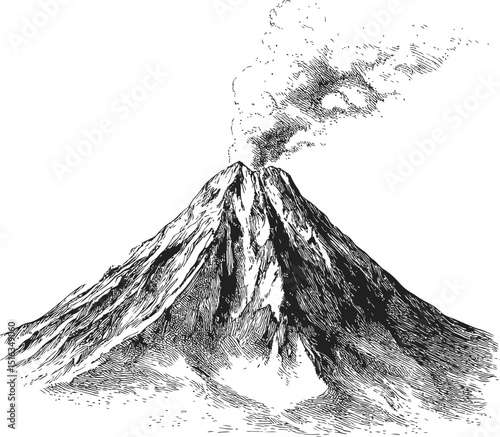 Illustration of smoking volcano emitting ash with intricate black lines. Vector illustration