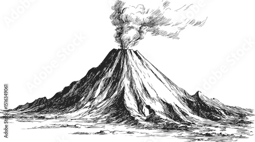 Hand-drawn illustration of an erupting volcano with smoke. Vector illustration
