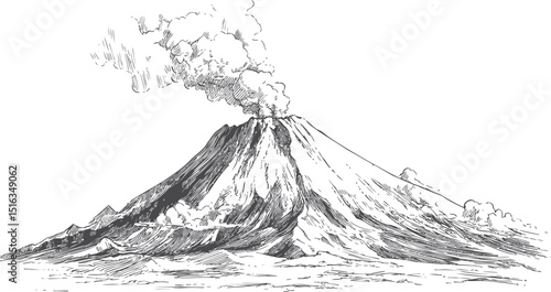 Hand-drawn illustration of an erupting volcano with smoke and rugged terrain. Vector illustration