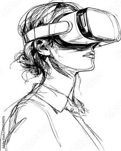 Line art of a woman wearing virtual reality headset, digital sketch style. Vector illustration