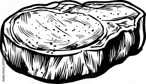 Black and white illustration of a raw steak with texture and details, engraving style. Vector illustration
