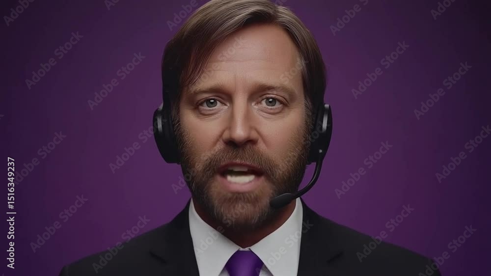 Professional male business consultant with headset against purple background communicating in modern office setting Professional male business consultant with headset against purple background communicating in modern office setting