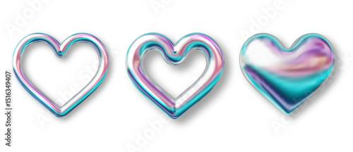 3D glossy holographic chrome heart. Shiny metallic shapes in y2k style. Chrome element for futuristic design