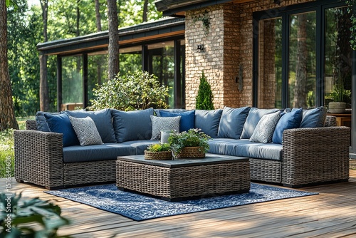 8-piece outdoor wicker patio furniture set with blue cushions, gray and navy-gray framed sofa, table, and armchairs on wooden deck in garden area