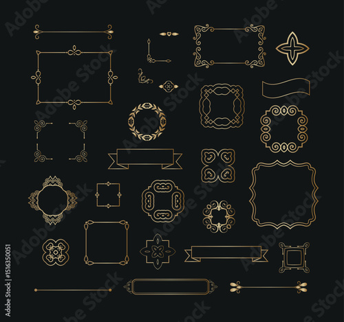 Set of gold decorative frames and borders