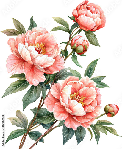 peony flower watercolor art with branches and leaves 