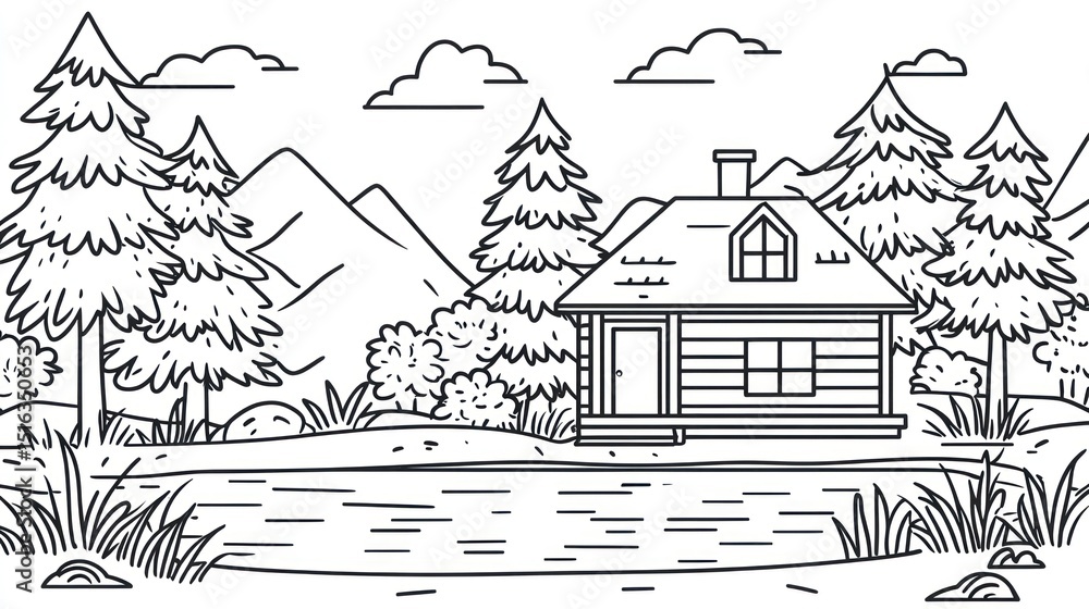 Obraz premium Line art cabin in a forest by a lake