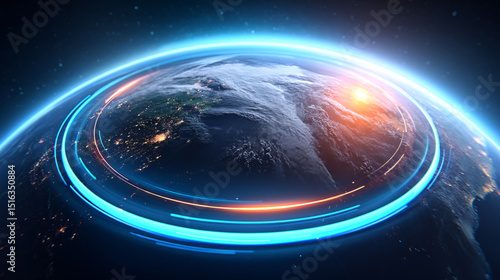 Futuristic Digital Earth with Glowing Data Rings