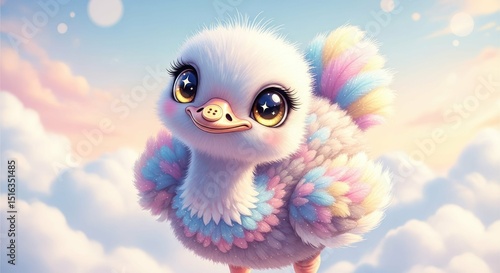 Cute baby ostrich with big eyes in clouds fluffy feathers