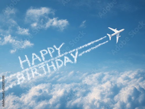 Airplane writing “Happy Birthday” in the sky with clouds in the background.