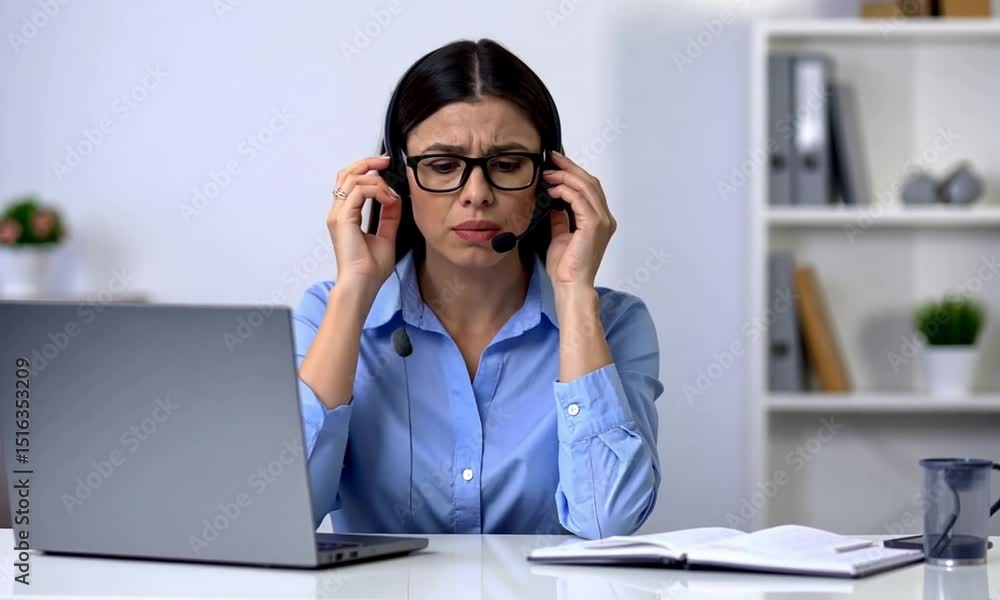 Customer Service Representative Handling a Difficult Call with Frustrated Expression and On-Screen Notification Alerts
Customer Service Representative Handling a Difficult Call with Frustrated Expression and On-Screen Notification Alerts
