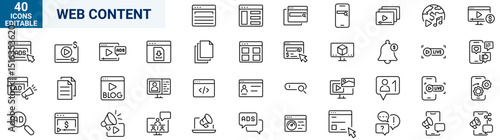 Web Content web icons in line style. Photo, video, media, blogging, collection. Vector illustration.