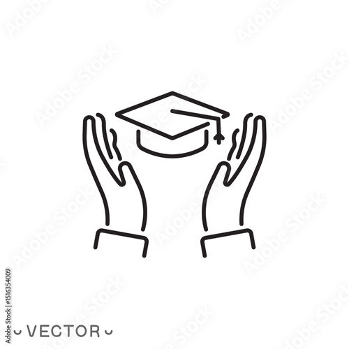 free education icon,  free college, education support,  graduate hat with hand concept, thin line symbol isolated on white background, editable stroke eps 10 vector illustration