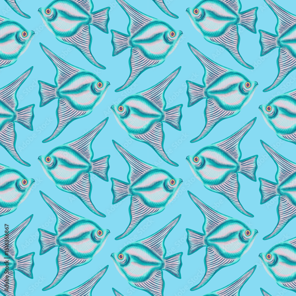 Obraz premium Sea. Seamless pattern with watercolor fishes. Hand drawn fishes, ocean texture. Watercolor illustrations. Print on wallpaper, fabric, textile, cover, wrapping paper, banner, postcard
