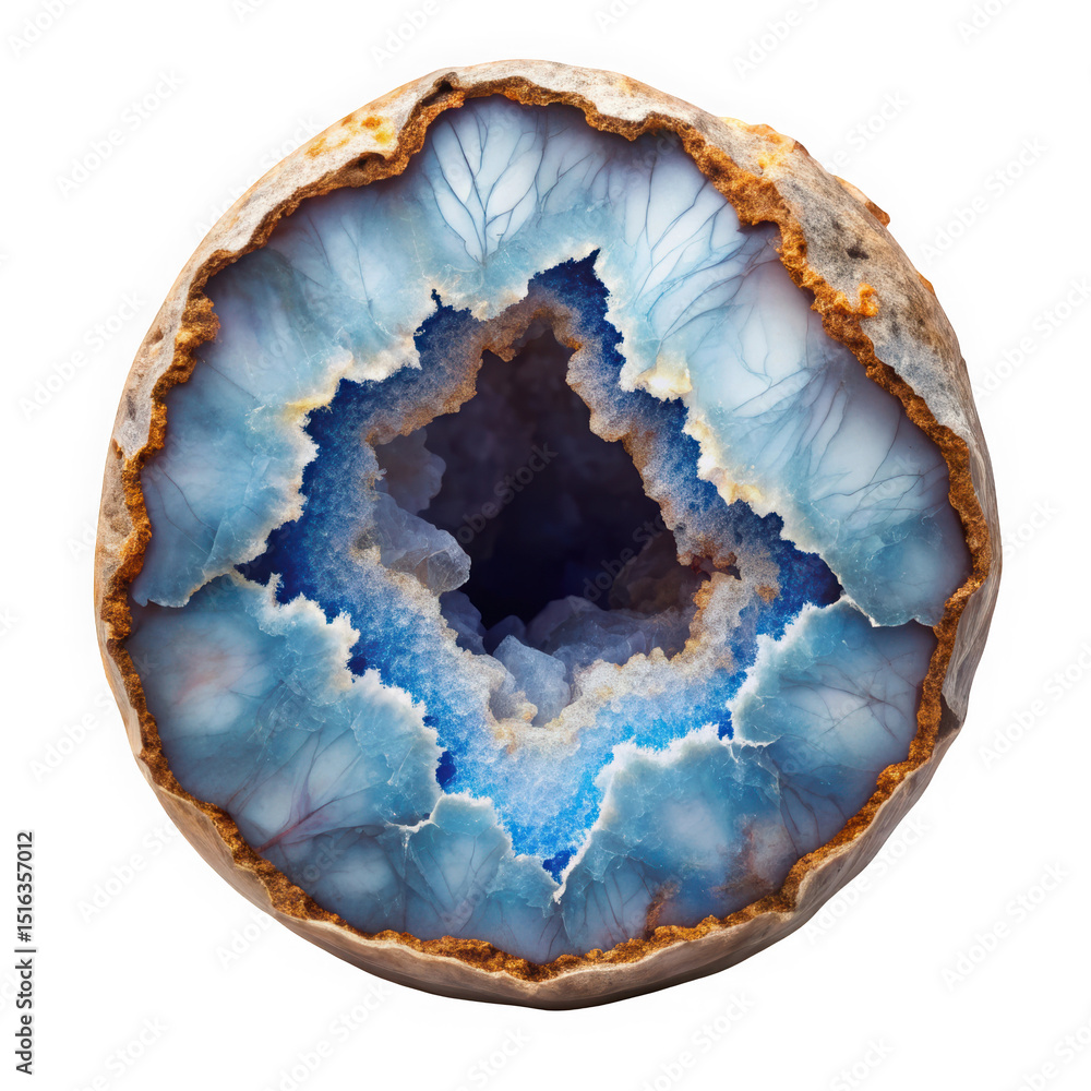 Fototapeta premium A stunning blue agate geode, showcasing intricate patterns and crystalline formations within. The exterior is rough, while the interior glimmers in shades of blue and white.