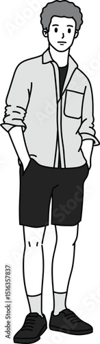 Vector of illustration, Adult male in casual look, drawing in monotone cartoon, minimal style, black mark drawing, Model man