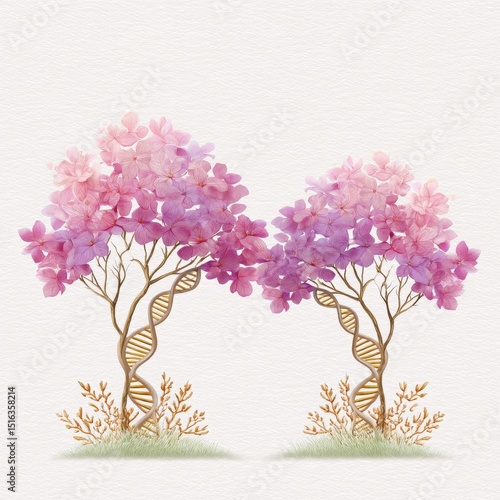 Elegant watercolor dna trees growing from digital ground nature art serene environment artistic view