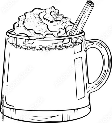 Eggnog or coffee with whipped cream and spices in a wide mug. Winter drink with cinnamon stick. Vector illustration in hand drawn sketch doodle style. Line art isolated on white for coloring book