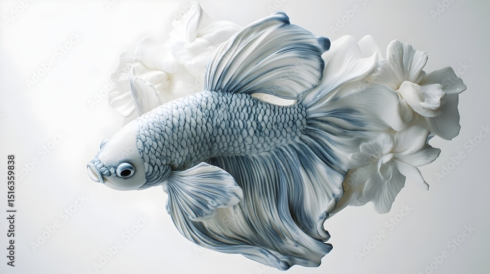 Fototapeta premium Hyperrealistic top-view of a red-blue porcelain betta fish with a milky-white resin back, featuring dried flowers . Concept: Blends nature and art, ideal for fine art, resin design, and luxury decor