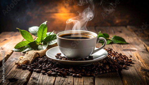 A cup of hot, dark coffee with steam rises from a white mug on a brown wooden table, perfect for a morning breakfast drink
