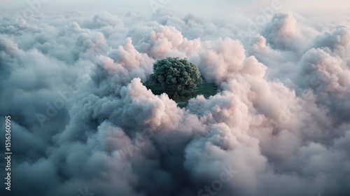 A lone, lush green tree emerges from a sea of soft clouds, creating a surreal and captivating scene that evokes feelings of tranquility and isolation in nature's embrace.