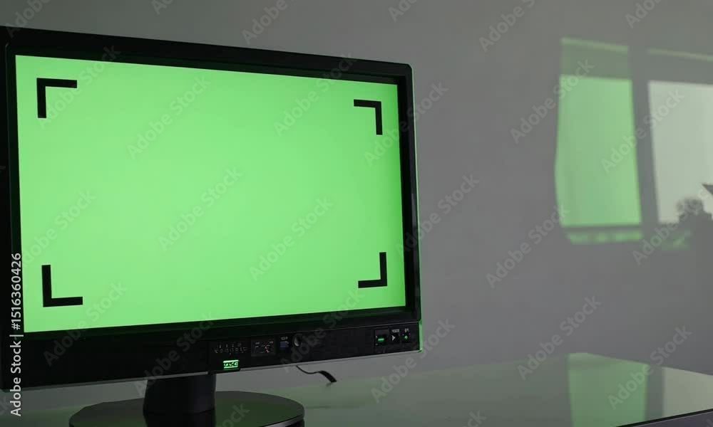 Modern computer monitor displaying a vibrant green screen in a bright office setting Modern computer monitor displaying a vibrant green screen in a bright office setting