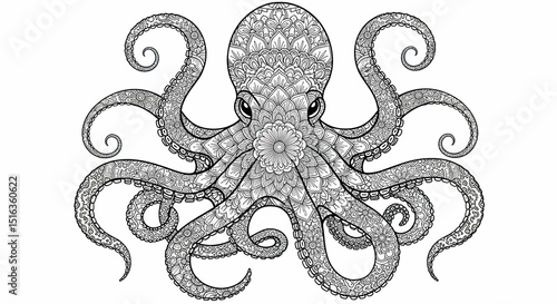 Detailed Octopus illustration. Ornate, patterned tentacles and body.