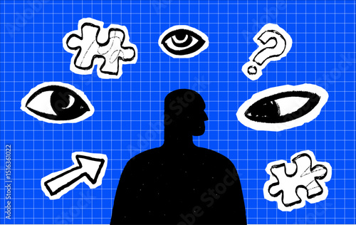 Collage illustration with a human profile surrounded by cutout eyes, puzzles, question marks and exclamation marks. It is a symbol of social anxiety, stress, problems and loneliness in society.