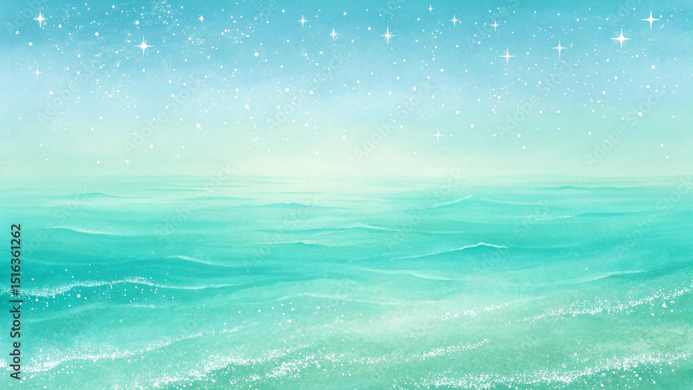 Obraz premium Serene Ocean Horizon Background with Sparkling Starry Sky - Dreamy Watercolor Illustration