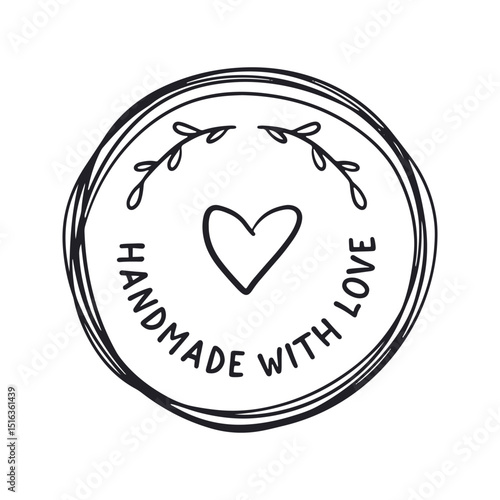 Hand made with love badge stamp text vector illustration isolated on white background.