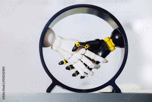 Принти на полотні Robotic handshake between metal and plastic arms in circular frame