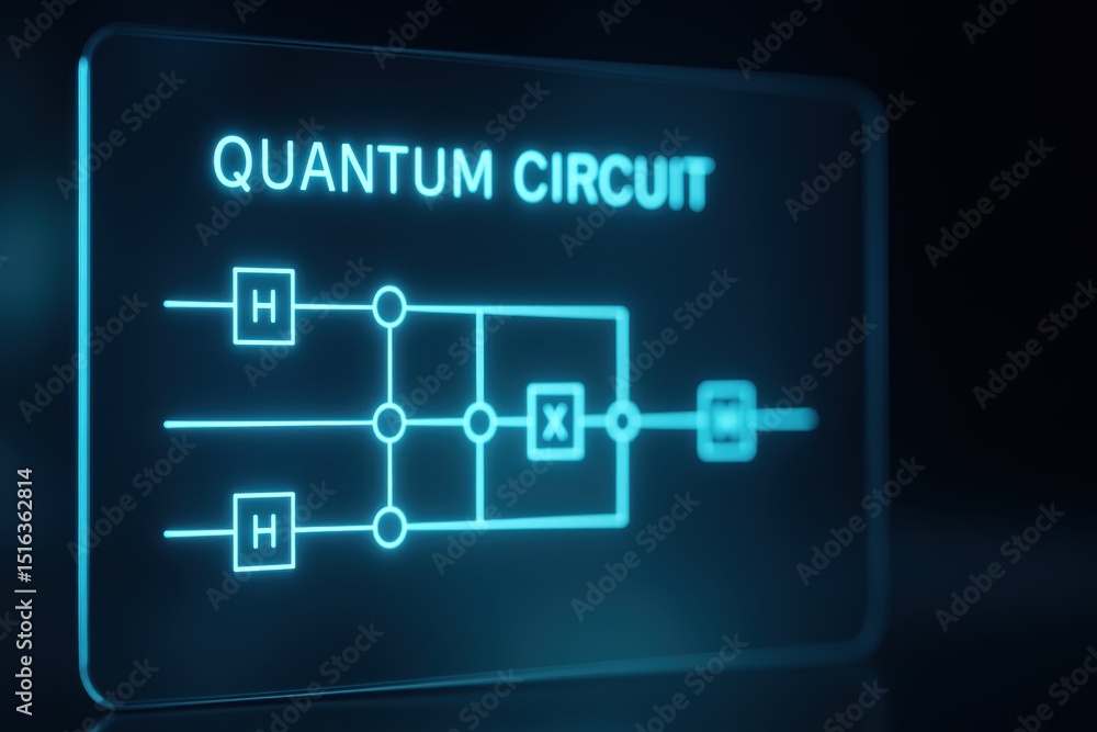 Fototapeta premium Quantum Circuit Diagram with Blue Glow on Transparent Display in Dark Background