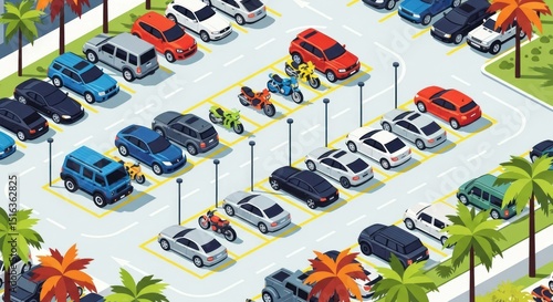 Isometric parking lot with cars and motorcycles, aerial view