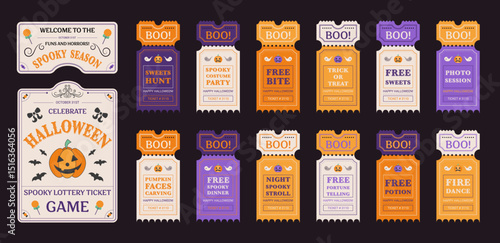 Halloween coupons and game lottery tickets with playful spooky interactions. Creepy graphic decorative elements with pumpkins and ghosts, cards and scary game. Vector illustration.