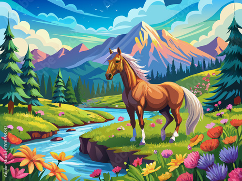 vector of A majestic horse stands by a stream in a lush mountain meadow surrounded by vibrant flowers.