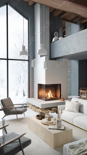 Living room boasts modern fireplace and a window overlooking snowy outdoor scene, creating a cozy and stylish interior design concept.