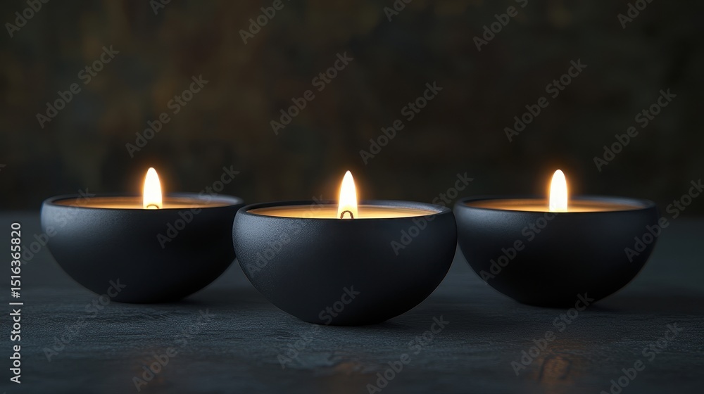 Three lit black ceramic candles are aligned on a gray surface. Use it for themes such as holidays, meditation, or celebrations. Three lit black ceramic candles are aligned on a gray surface. Use it for themes such as holidays, meditation, or celebrations.