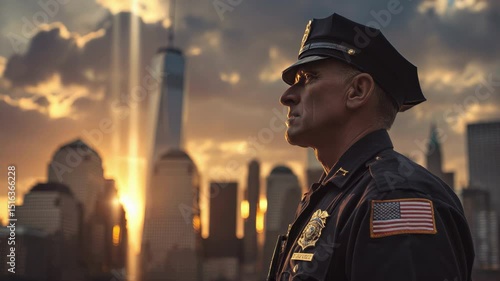 Police officer stands in uniform at sunset in New York City, reflecting on duty and remembrance – honor, service, and urban resilience