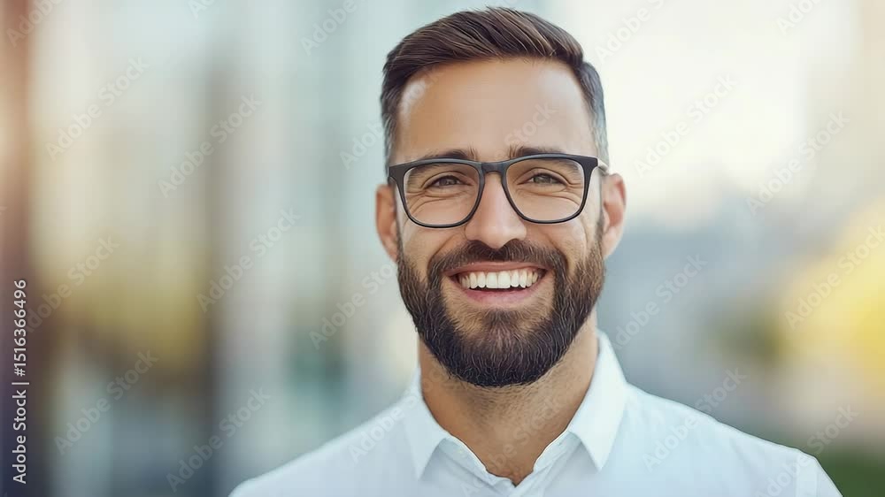 Smiling man with beard and glasses white shirt, standing outdoors urban setting with natural light, confident and happy adult enjoying modern city lifestyle, blurred background, positive expression Smiling man with beard and glasses white shirt, standing outdoors urban setting with natural light, confident and happy adult enjoying modern city lifestyle, blurred background, positive expression