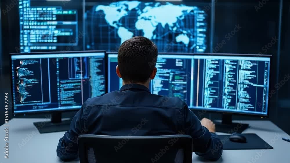 Man sits desk modern office with multiple computer monitors and screens displaying code and data, focused cybersecurity and technology operations, working dark room with world map, representing