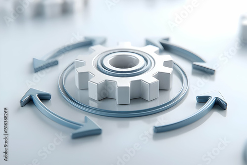 A metallic gear surrounded by circular blue arrows, symbolizing process, workflow, or automation on a glossy surface.