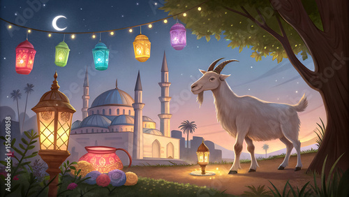Eid ul adha mubarak theme a goat is standing with a lot of islamic lantern lights in different colours around it behind beautiful view of mosque view and dark night with stars , Generative AI
