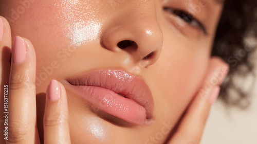 Close-up portrait of a young  woman with a cheerful expression and radiant skin, showcasing a natural skincare routine at home