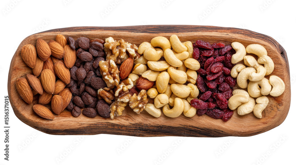 Assorted Nuts and Dried Fruits on a Wooden Platter Display Assorted Nuts and Dried Fruits on a Wooden Platter Display